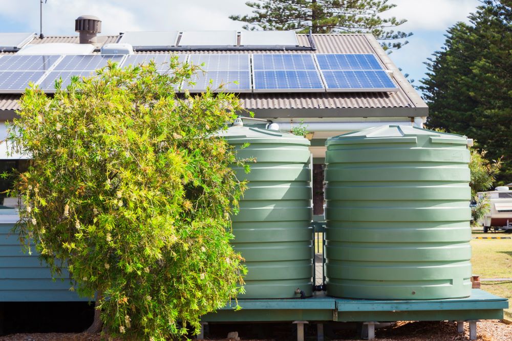 survival water tanks, rainwater barrels, solar panels