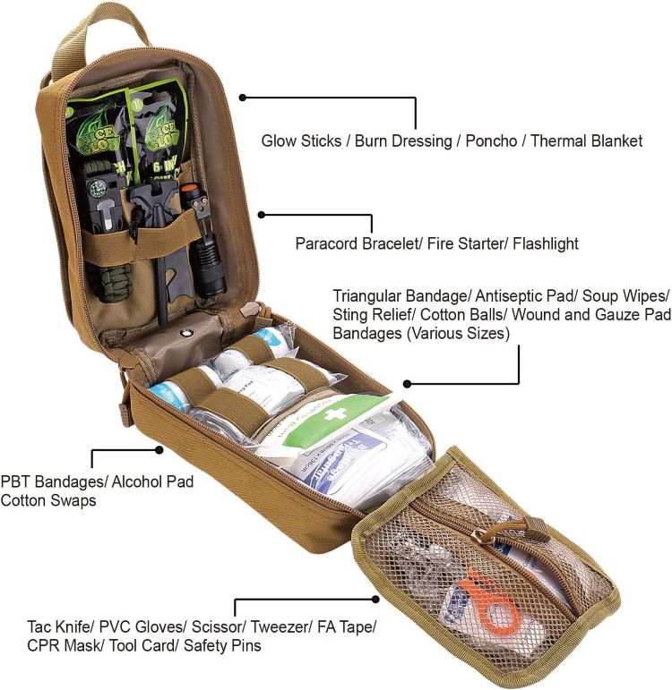 A portable kit like the Survival First Aid Kit IFAK EMT Molle Pouch Survival Kit that you can grab quickly in case you need to evacuate your home. This kit should contain essential items such as food, water, and medical supplies, as well as important documents such as identification and insurance papers.
