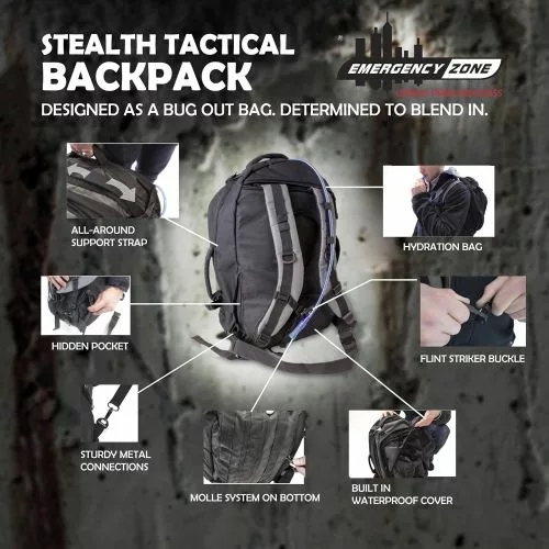 Stealth Tactical Bug-Out Bag - 3-Day Go-Bag with Waterproof Covering, Made for 2 People, Dome Tent, & Hydration Bladder