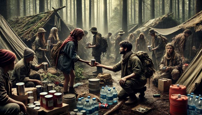 A tense scene of both women and men in a disaster survival situation, bartering with each other for essential goods in a forest environment. The background shows tall trees, dense foliage, and makeshift shelters made from branches and tarps. The survivors wear rugged, worn-out clothing, showing signs of hardship. In the foreground, a woman is exchanging canned food with a man who holds a flashlight and batteries. Surrounding them, mixed groups of female and male survivors are trading water bottles, medical supplies, and blankets. The atmosphere is grim but determined, with a forest canopy casting shadows on the ground.