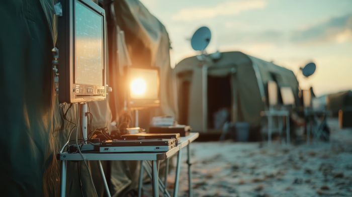 How to Keep Your Electronics Running during Blackouts An advanced technology setup featuring monitors and communication devices positioned in a remote camp, highlighting innovation and connectivity in challenging environments.
